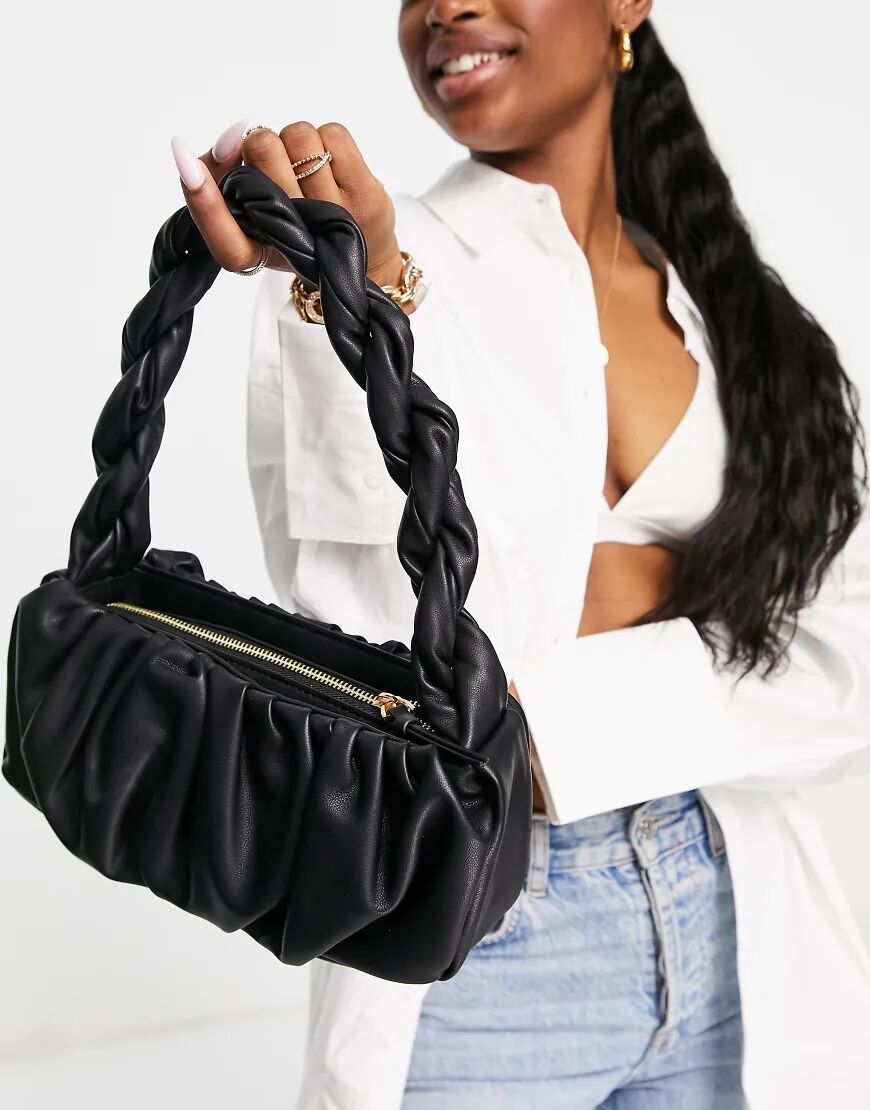 Mango plaited handle shoulder bag in black  Black