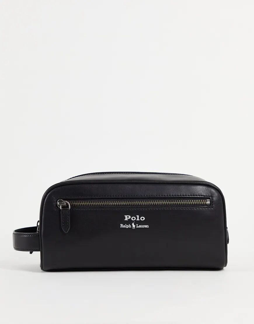 Polo Ralph Lauren leather washbag in black with silver foil logo  Black