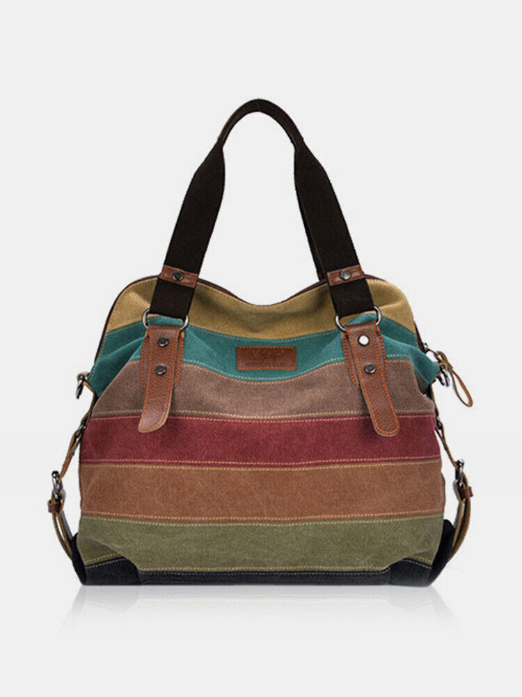 Newchic Women Casual Stripe Canvas Contrast Color Multi-pocket Handbag Shoulder Bag