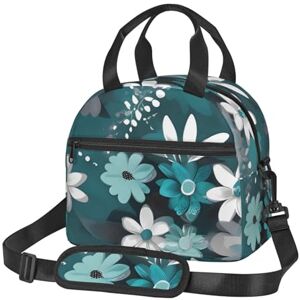 RLDOBOFE Lunch box for Women Insulated Lunch bag Teal Grey and White Floral Lunchbox for Work Picnic Portable Lunch tote