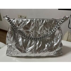Generic 9593uk Metallic Crinkle Leather Hobo Bag, Womens Casual Sling Shoulder Bag Handbag With Chain Strap (Silver)