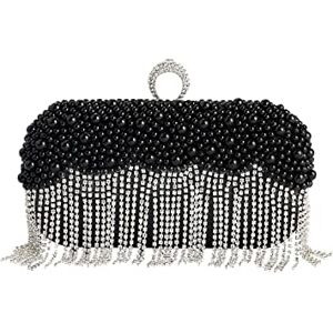 CORIOS Women's Evening Bag Pearl Handbag Crystal Tassel Clutch Purses Rhinestones Shoulder Bag Sequin Glitter Crossbody Bag Bridal Wedding Purse for Wedding Cocktail Prom Party Banquet Black