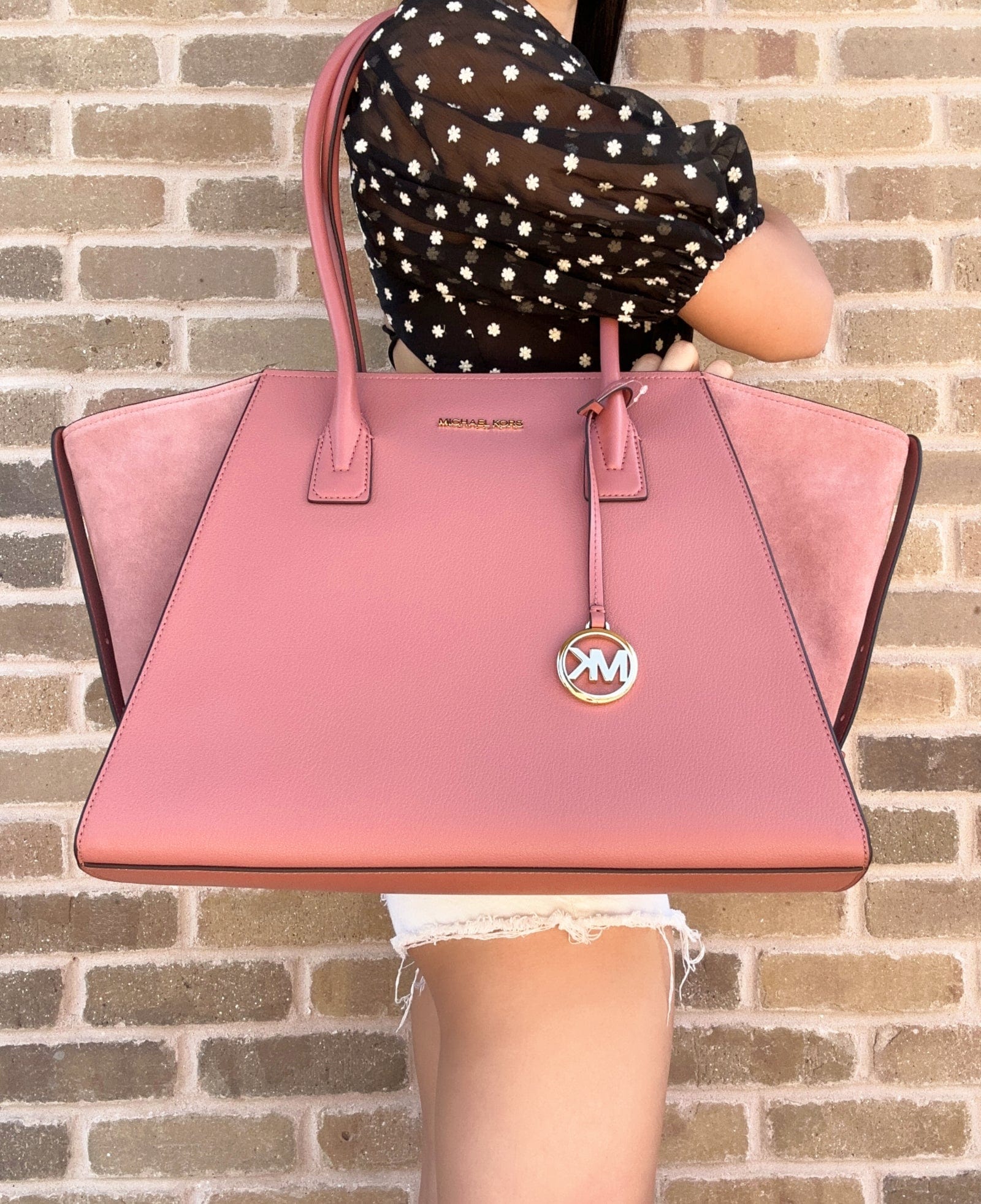 Michael Kors Avril XL Large Shoulder Bag Top Zip Tote Rose Pink Suede Leather