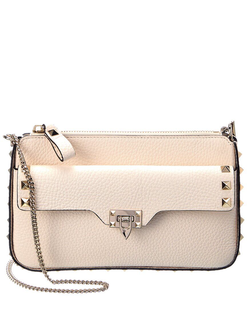 Valentino Rockstud Grainy Leather Wallet On Chain White NoSize