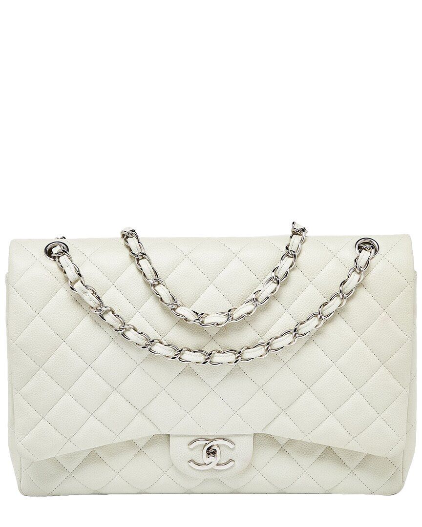 Chanel White Quilted Caviar Leather Maxi Classic Double Flap Bag (Authentic Pre-Owned) NoColor NoSize
