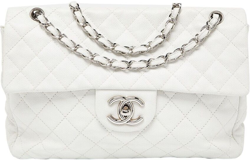 Chanel White Quilted Caviar Leather Maxi Classic Single Double Flap Bag (Authentic Pre-Owned) NoColor NoSize