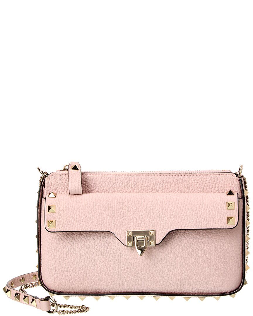 Valentino Rockstud Grainy Leather Wallet On Chain Pink NoSize