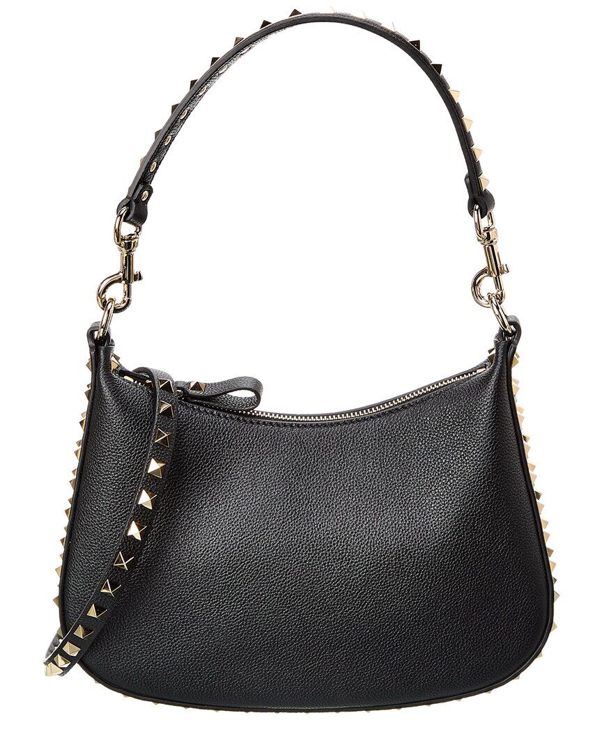 Valentino Rockstud Small Grainy Leather Hobo Bag Black NoSize