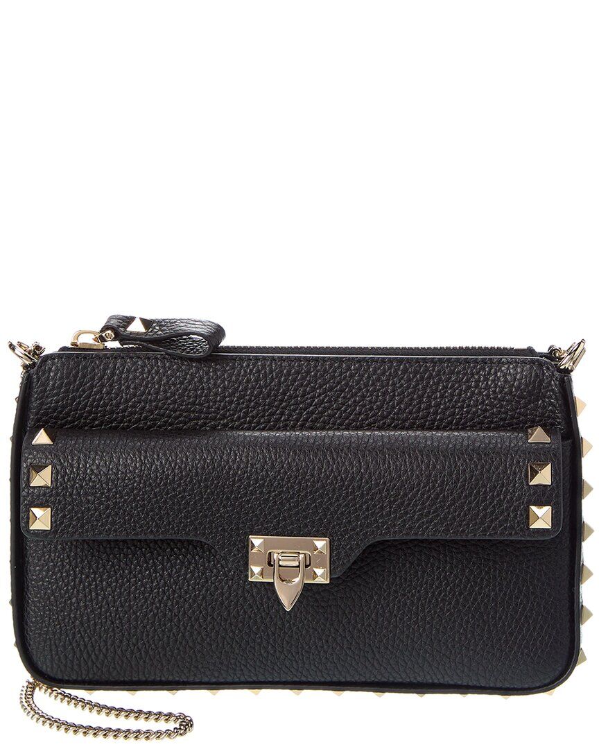 Valentino Rockstud Grainy Leather Wallet On Chain Black NoSize