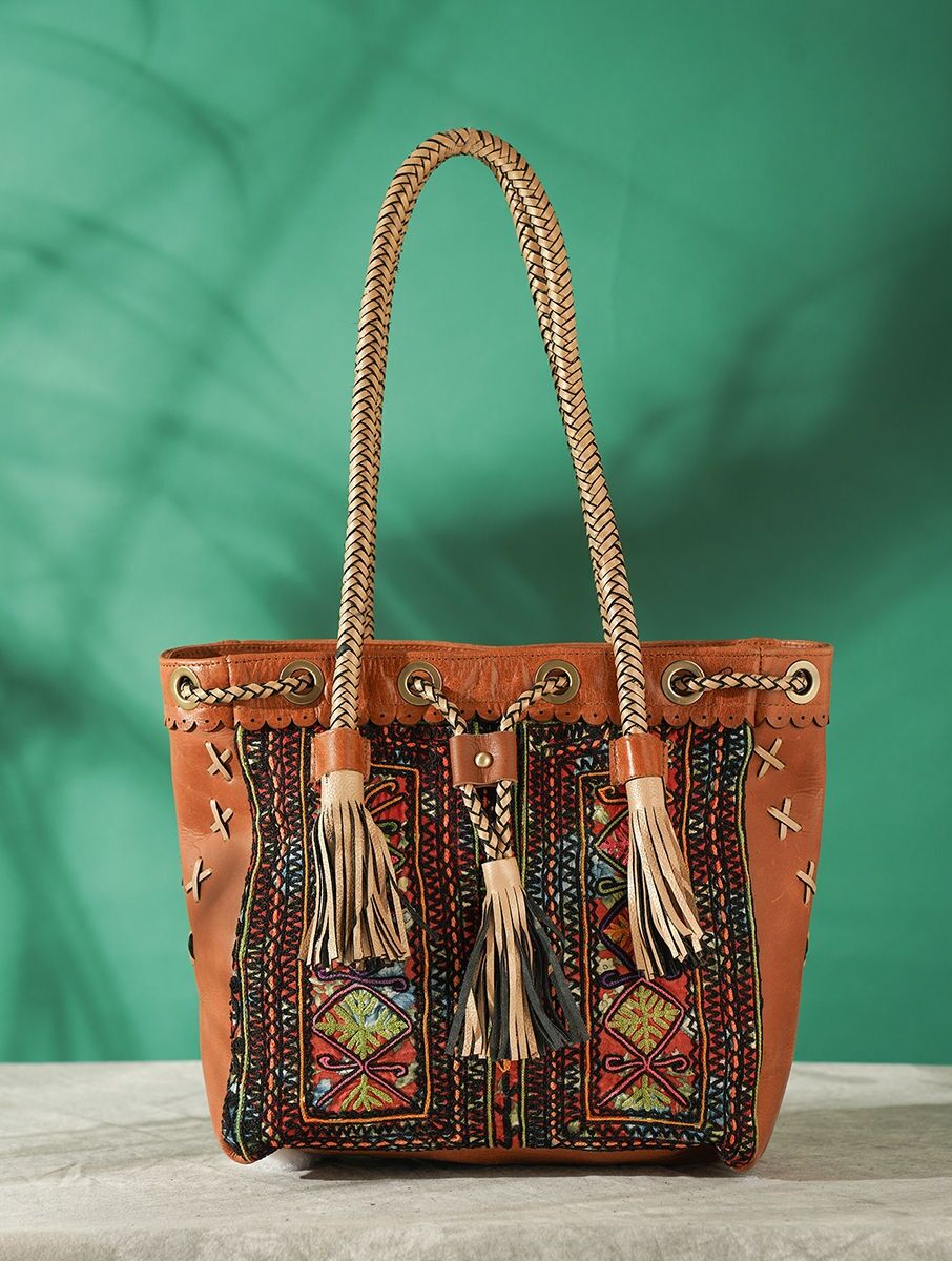 Jaypore Women Multicolored Vintage Rabari Genuine Leather Tote Bag