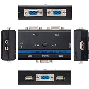 NANOCABLE 10.12.0001 Switch KVM Switch zur Steuerung von 2 PCs mit einer einzigen Tastatur, Maus, Monitor und Lautsprechern, VGA USB 1U-2PC mit Kabel, schwarz