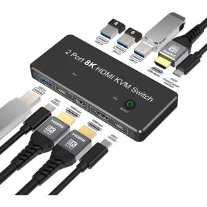 NÖRDIC USB-C og HDMI 2.1 8K60Hz KVM-switch 2 til 1 HDCP2.3 HDR10 med 4xUSB-A-udgang