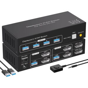 NÖRDIC KVM-switch 2 til 2 DisplayPort til DisplayPort, 8K60Hz/4K120Hz, 4x USB-A