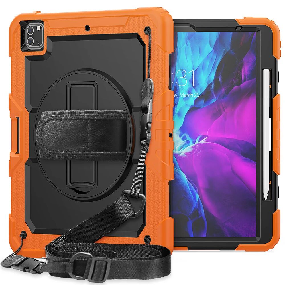 TABLETCOVERS.DK iPad Pro 12.9" (2020) / (2018) Håndværker Cover m. Beskyttelsesfilm, Holder & Skulderstrop - Sort / Orange