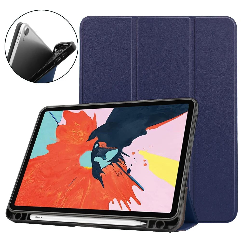 TABLETCOVERS.DK iPad Air (2020) Litchi Tri-Fold Læder Cover m. Apple Pencil Holder - Mørkeblå
