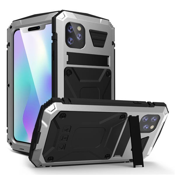 24hshop Beskyttelsescover med stativ Metal+Silikone iPhone 11 Pro, Sølvfarvet