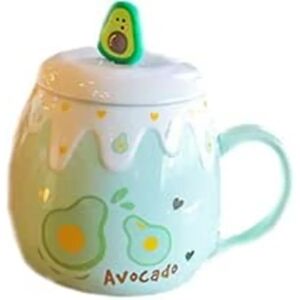 Frugtkrus med låg ske 3D sød keramisk kaffe-tekop Par-krussæt Fødselsdagsgave til venindeelskere (grøn avocado, 500 ml)