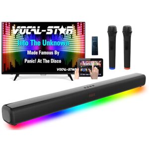 Vocal-Star Barre de son pour machine à karaoké Système 250 W, 2 microphones UHF sans fil, support mural, 9 effets de lumière RGBW, télécommande, HDMI ARC, BT, AUX, optique - Publicité