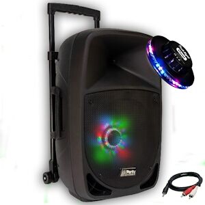 Enceinte KARAOKE PARTY12-LED - 700W SONO DJ PA 12" à LEDs RVB Mobile Batterie DJ PA USB/BT/SD/RADIO FM CABLE PC + Effet OVNI - Publicité