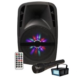 Enceinte Karaoké Festinight Audio Musique SONO DJ Danse sur batterie 8" à LEDs RVB 300W - USB/BT/ Radio FM + Micro + LEDSTROBE - Publicité