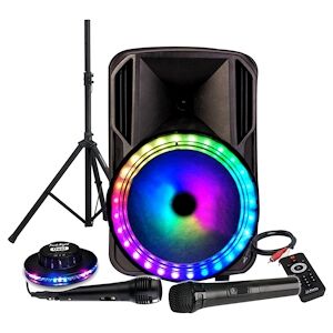 Enceinte KARAOKE 700W sono DJ PARTY Batterie 12" à LED RGB USB/MICRO SD/Bluetooth / RADIO FM/PC + Micro VHF + OVNI Ufo, PIED - Publicité