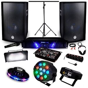 Ibiza Sound Pack Sono + Light Ampli AMP-300 + HP BMS-12 de 1200W + Pack 4 lumières Effet OVNI RVB Strobe Las PAR-MINI - Publicité