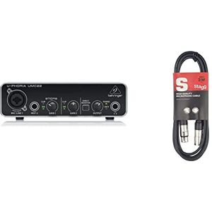 Behringer UMC22 audiophile 2x2 USB audio interface with Midas microphone preamp & Stagg SMC3 3m XLR to XLR Plug Microphone Cable, Black