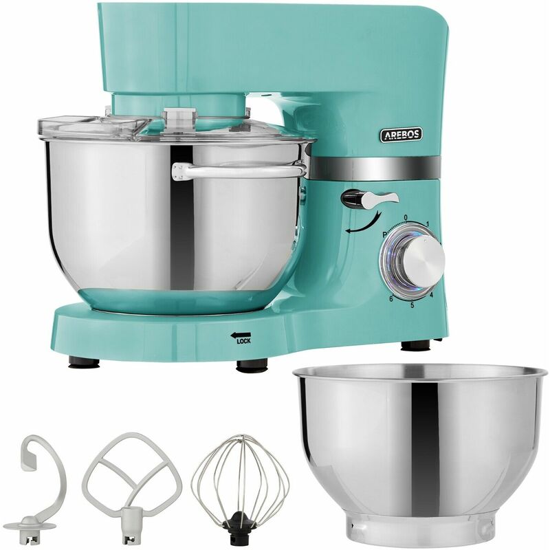 AREBOS Food Processor 1500 w Turquoise Kneading Machine with 2 x Stainless Steel Mixing Bowls Low Noise Kitchen Mixer with Mixing Hook, Dough Hook, Whisk