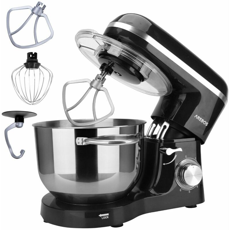 AREBOS Stand Mixer 1500 w with 6 l stainless steel mixing bowl, incl. whisk, dough hook, flat beater and splash guard, 6 speed settings and pulse function
