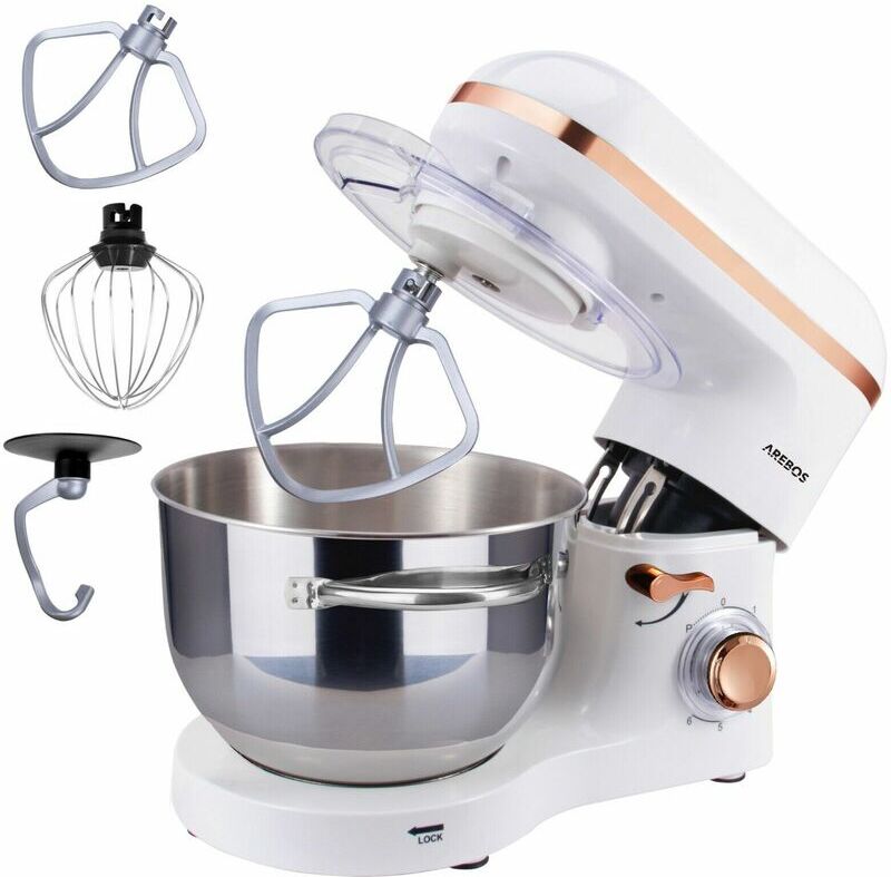 AREBOS Stand Mixer 1500W with 6L stainless steel mixing bowl white rose gold incl. mixing hook, dough hook, whisk splash guard 6 speeds kneading machine