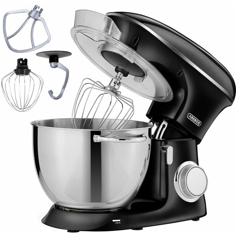 AREBOS Kitchen Machine 1500W Mixer with 8L Stainless Steel Mixing Bowl Low Noise Kitchen Mixer with Mixing Hook, Dough Hook, Whisk and Splash Guard 6 Speeds