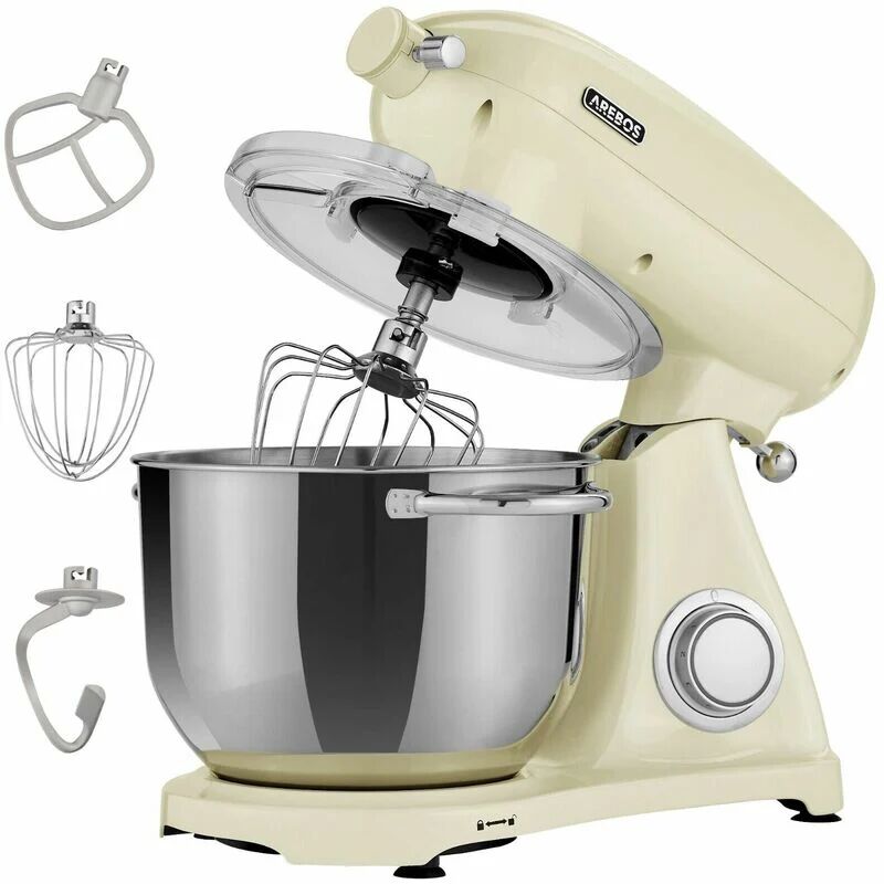 AREBOS Retro Food Processor 1800 w Cream Kneading Machine with 6L Stainless Steel Mixing Bowl Low Noise Kitchen Mixer with Mixing Hook, Dough Hook, Whisk