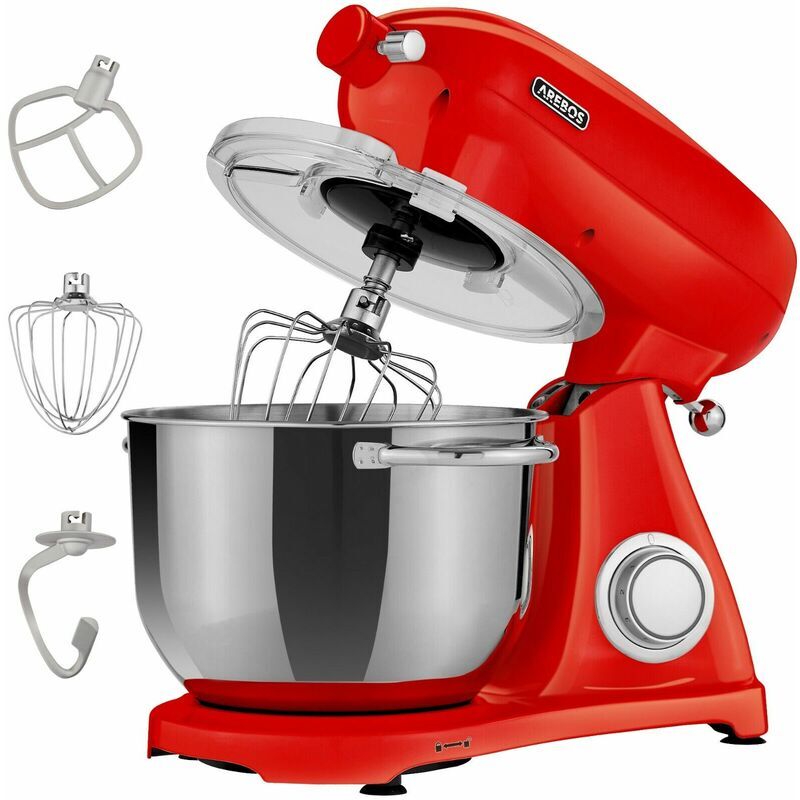 AREBOS Retro Food Processor 1800 w Red Kneading Machine with 6L Stainless Steel Mixing Bowl Low Noise Kitchen Mixer with Mixing Hook, Dough Hook, Whisk and