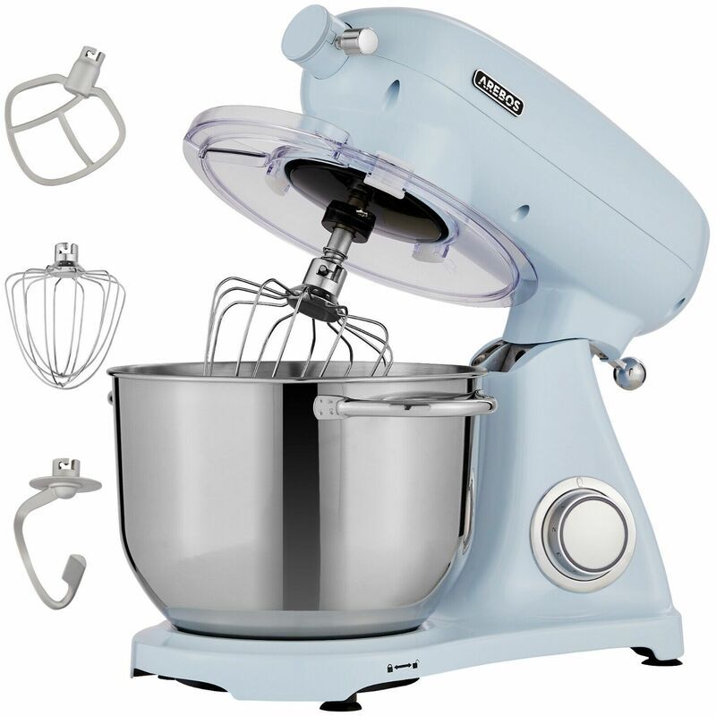 AREBOS Retro Food Processor 1800W Blue Mixer with 6L Stainless Steel Mixing Bowl Silent Kitchen Mixer with Mixing Hook, Dough Hook, Whisk and Splash Guard 6
