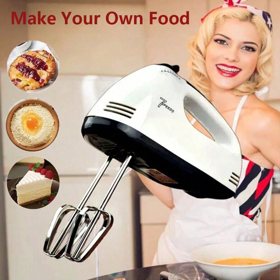 SHEIN 1 piece electric hand mixer, 7 speed handheld whisk mixer, electric food, kitchen bowl assist mixer, comes with two whisk balls, two dough pins White