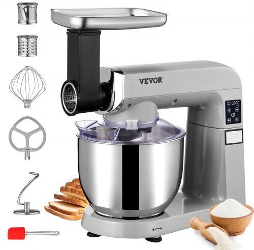 VEVOR 6 in 1 Stand Mixer, 450W Multifunctional Electric Mixer with Tilt-Head, 6 Speeds and LCD Screen Timing, 7.4Qt Stainless Bowl, Dough Hook, Flat Beater, Whisk, Scraper, Grinder, Stuffer, Slicer