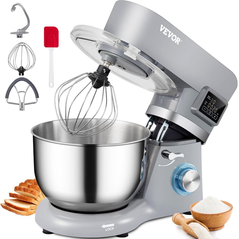 VEVOR Stand Mixer 660W Electric Dough Mixer with 6 Speeds LCD Screen Timing Food Mixer with 5.8 Qt. Stainless Steel Bowl, Gray