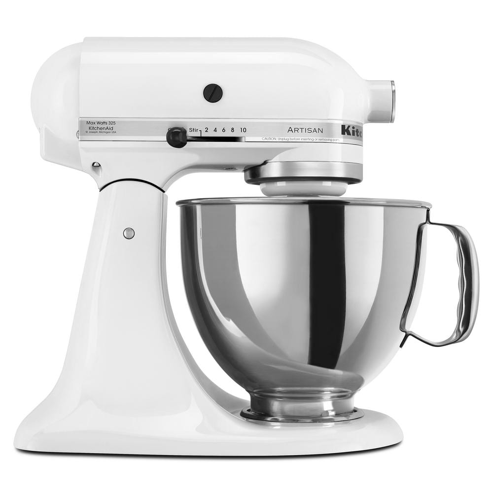 KitchenAid Artisan 5 qt. 10-Speed White Stand Mixer with Flat Beater, 6-Wire Whip and Dough Hook Attachments