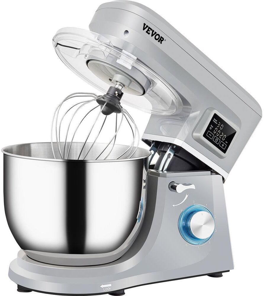 VEVOR Stand Mixer 660W Electric Dough Mixer with 6 Speeds LCD Screen Timing Food Mixer with 7.4 Qt. Stainless Steel Bowl, Gray