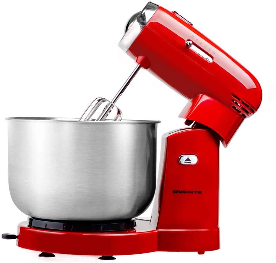 OVENTE Electric Stand Mixer 3.5 qt., 5 Speed Control, 250-Watt with 2 Blender Attachment Egg Beater Whisk and Dough Hook Red