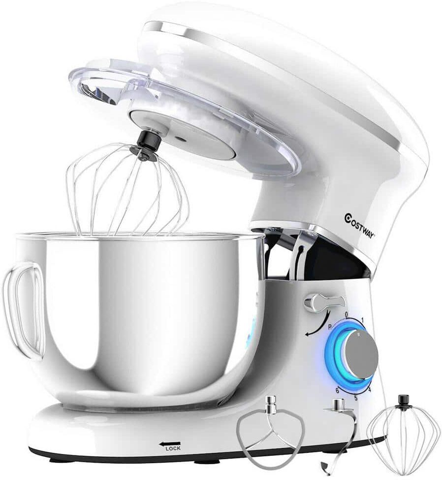 Costway 660W 6.3 qt. . 6-Speed White Stainless Steel Stand Mixer with Dough Hook