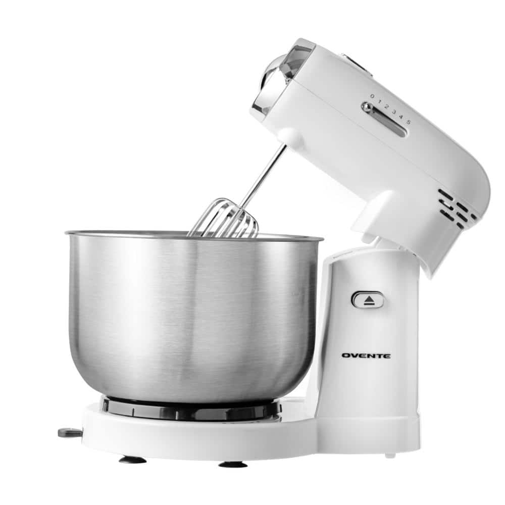 OVENTE Electric Stand Mixer 3.5 qt., 5 Speed Control, 250-Watt with 2 Blender Attachment Egg Beater Whisk and Dough Hook White