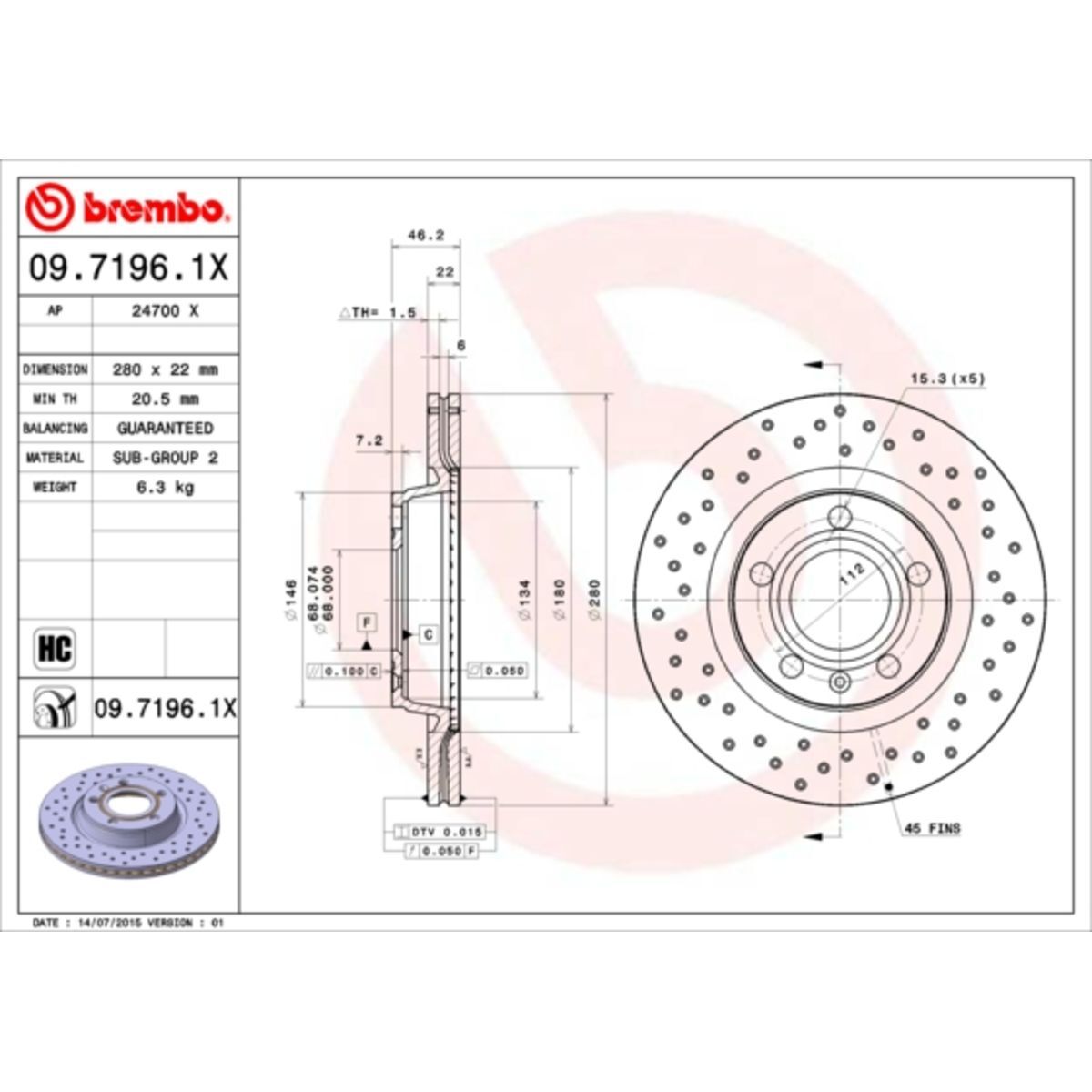 Disco de freno BREMBO XTRA LINE BREMBO 09.7196.1X, 1 pieza