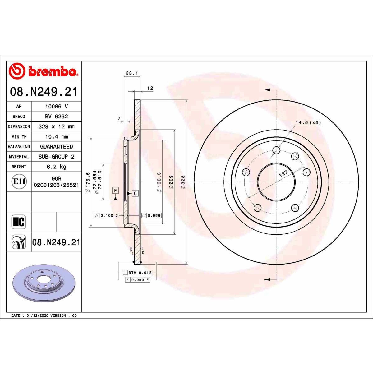 Disco de freno BREMBO 08N24921 volver, completo, altamente carbonizado, 1 pieza