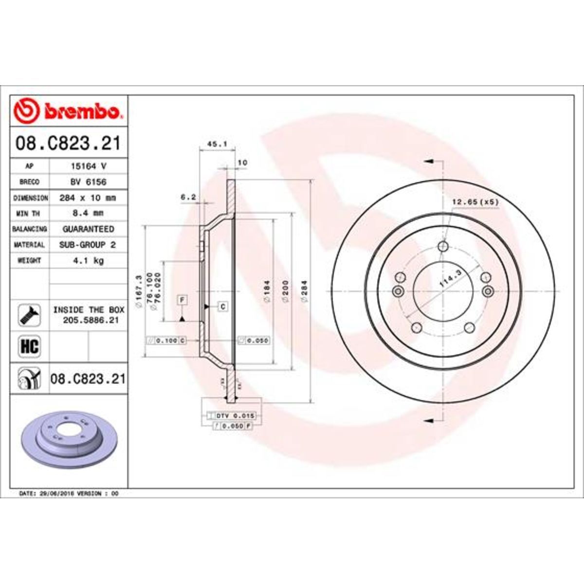 Disco de freno BREMBO 08C82321 volver, completo, altamente carbonizado, 1 pieza