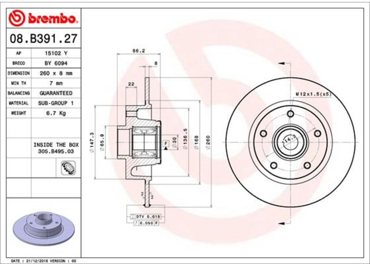 Disco de freno BREMBO 08B39127 volver, completo, 1 pieza