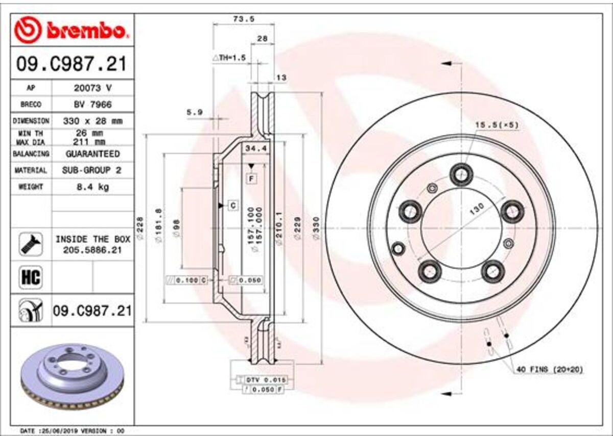 Disco de freno BREMBO 09C98721 volver, ventilado, altamente carbonizado, 1 pieza