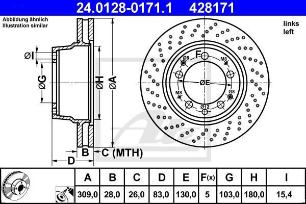 ATE Disco de freno trasero izquierdo para PORSCHE: 911 (Ref: 24.0128-0171.1)