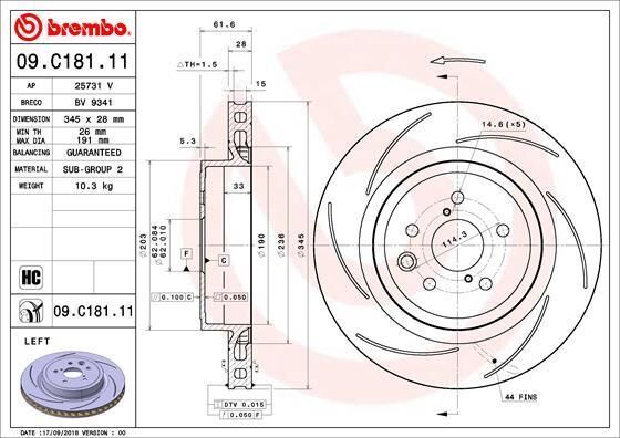 BREMBO Disco de freno trasero izquierdo para LEXUS: RC, GS (Ref: 09.C181.11)