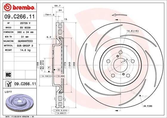 BREMBO Disco de freno trasero izquierdo para LEXUS: RC, GS (Ref: 09.C266.11)